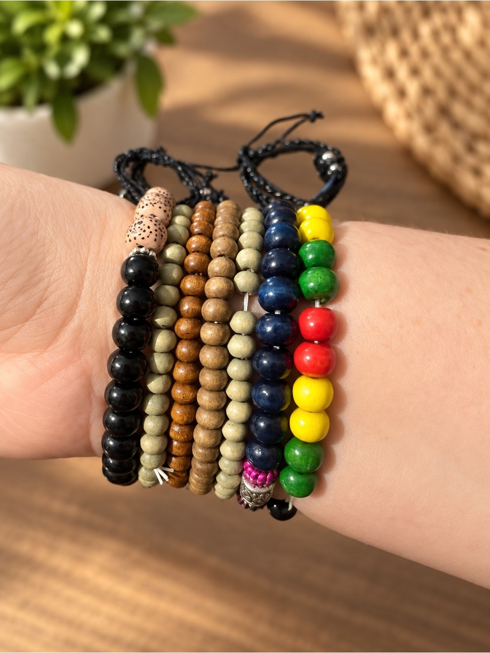 7 Pc Beaded Stretch Bracelet Lot Wood Colorful Boho Unisex Bracelet Stack